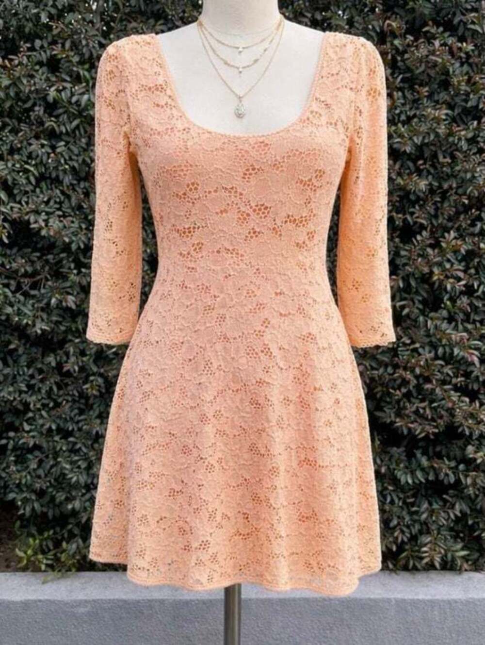Free People Peach Lace Mini Dress Fit & Flare Boho 3/4 Sleeve Floral Scoop Neck